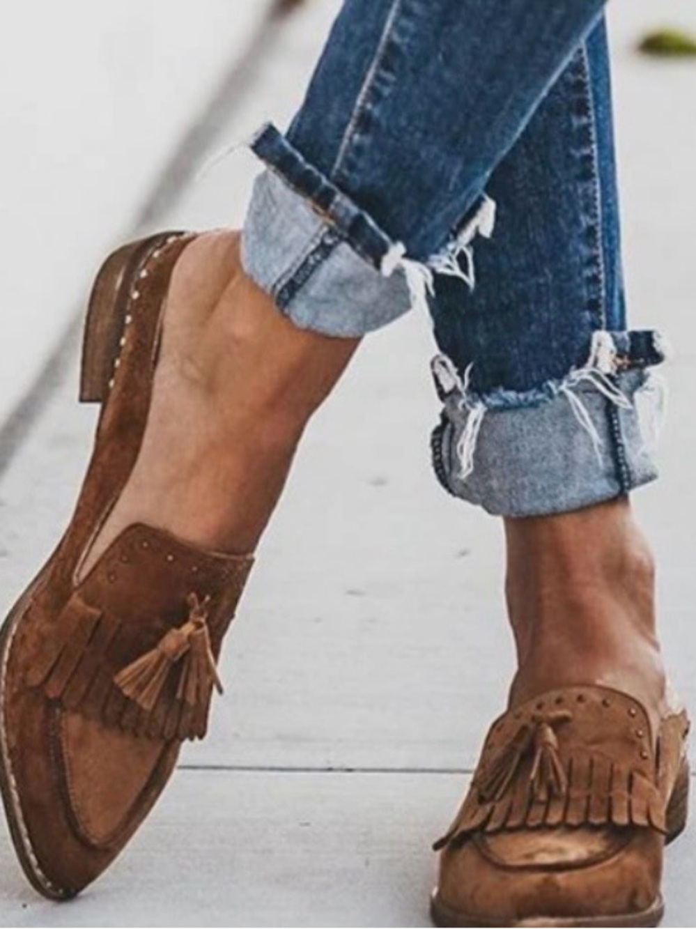 Suede Tassel Fringe Loafers in Brown